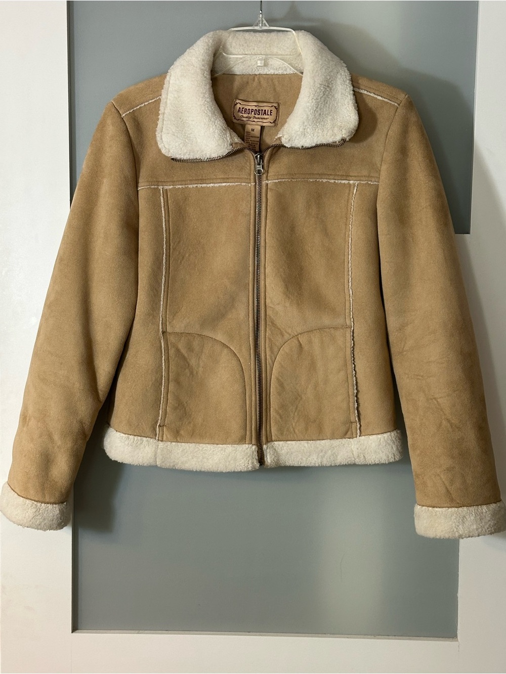 Vintage Aeropostale Cream and Tan Sherpa Zip-Up Jacket